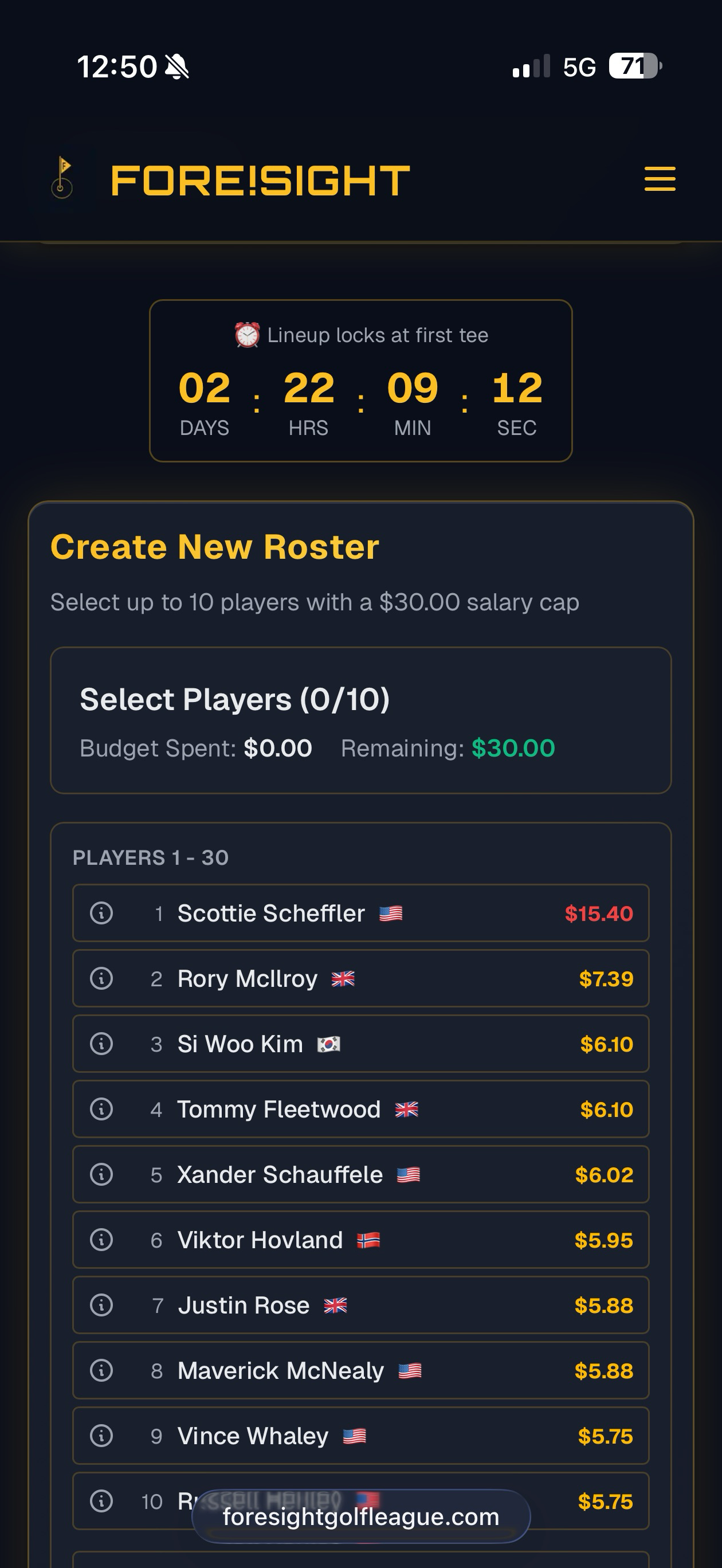 Roster screen